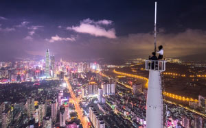 shenzhen shi, china, city, night, lights, skyscrapes, people, boy and girl