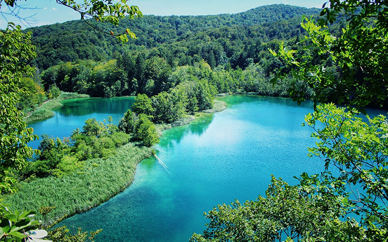 lake, paradise, croatia, plitvice, landscape, blue, green, nature, sky, summer, travel, resort, vacation, relax