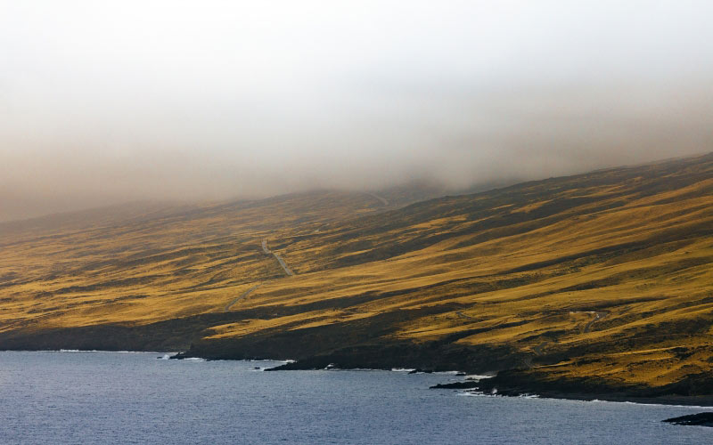 coast, mountain, road, landscape, fog