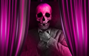 curtains, skull and crossbones, stage, theater, performance, show, tie, suit, death