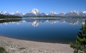 jackson lake, grand teton, national park, wyoming, water, reflections, blue, sky, nature, shoreline, mountains, forest, summer, spring, 