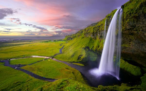 iceland, waterfall, nature, landscape, rocks, mountains, valley, sunset, sky, breathtaking view, seljalandsfoss