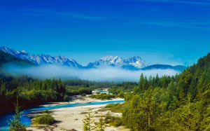 scenic, mountains, river, stream, valley, forest, trees, woods, nature, fog, countryside, wilderness, landscape