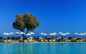 beach, chairs, blue sky, leisure, paradise, pool, relaxation, resort, sea, summer, tropical, umbrellas, vacation, water