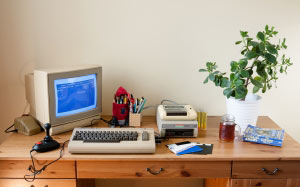 commodore 64, 1541 drive, datasette, joystick, commodore 1802 display, old computer, retro computer, desk, room