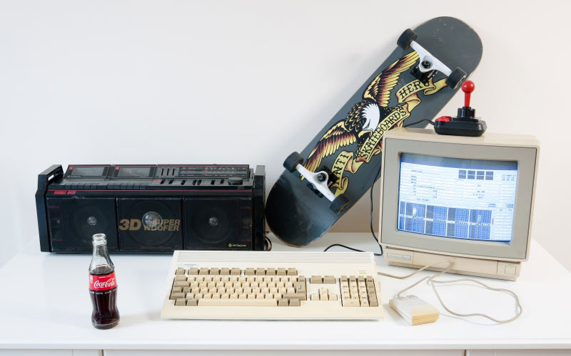 old computer, retro computer, desk, room, tape recorder, skateboard, commodore amiga 1200, commodore 1802 display, amiga mouse, competition pro joystick, hitachi, super wo