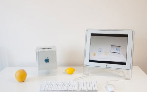 old computer, computers, desk, room, power mac, g4 cube, studio display, M7649