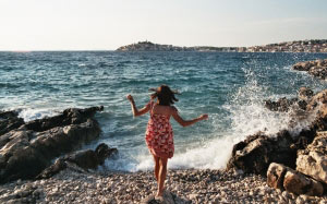 nature, sea, girl, man, splashing waves