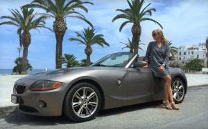 sports car, convertible, woman, female, beach, palm trees, vacation, tropical, bmw, model, automobile, travel, journey, vehicle, seashore, ocean, seaside