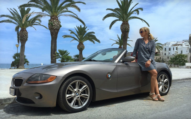 sports car, convertible, woman, female, beach, palm trees, vacation, tropical, bmw, model, automobile, travel, journey, vehicle, seashore, ocean, seaside