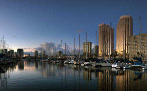 seascape, honolulu, hawaii, ala wai, harbor, water, ships, boats, buildings, city, vacation, sea, sunset, dusk, evening