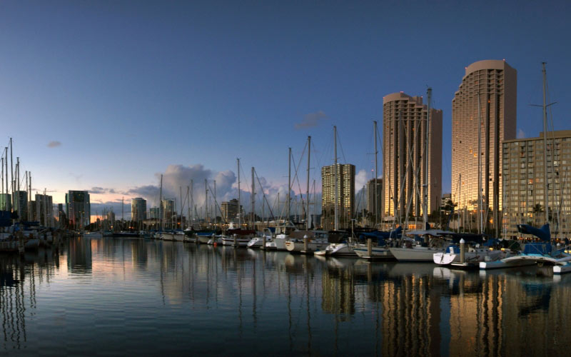 seascape, honolulu, hawaii, ala wai, harbor, water, ships, boats, buildings, city, vacation, sea, sunset, dusk, evening
