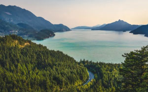 mountain lake, view, landscape, scene, road, freedom, forest, trees, nature, valley, highlands, panorama, spectacular