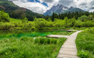 mountains, lake, nature, landscape, trees, blue, triglav national park, clouds, water, emerald green, sky