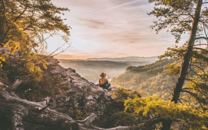 environment, foggy, landscape, mountain, nature, outdoors, person, man, rocky, scenic, trees, woman