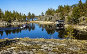 nature, ladoga, skerries, lake, landscape, water, summer, trees, smooth surface, woods, tranquility