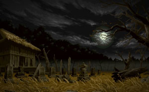 pixel art, japan, cementery, serene, dark, night, gloomy
