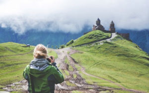 clouds, photographer, camera, hill, landscape, castle, women, mountains