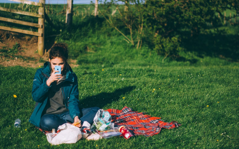picnic, grass, person, phone, girl, nature