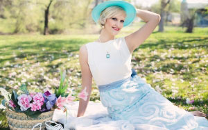 beautiful woman, picnic, spring, vintage val, flowers, nature, garden, glade, female