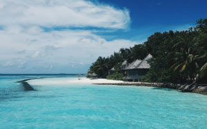 beach, clouds, coast, cottages, horizon, island, ocean, palm trees, paradise, resort, sand, sea, seascape, seashore, sky, water, summer