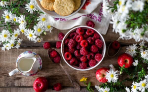 still life, food, table, raspberries, apples, flowers, chamomile, berries, summer, garden