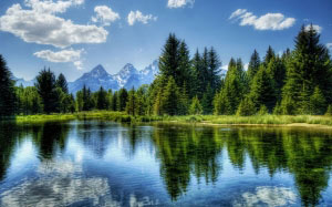 clouds, conifer, daylight, evergreen, forest, idyllic, lake, landscape, mountain, nature, outdoors, placid, reflection, scenic, sky, summer, trees, water, woods