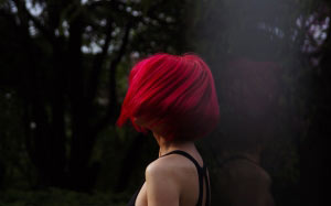 dark, fashion, forest, girl, hipster, outdoors, park, people, person, red hair, reflection, shadow, trees, woman