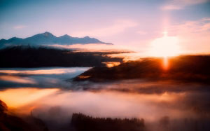 new zealand, sunrise, morning, fog, sky, clouds, mountains, landscape, nature, stunning, forest
