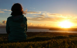 sunset, meadow, nature, relaxation, new zealand, view, man, women, from the back, coast, landscape, sea