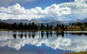 landscape, water, scenic, lake, mountains, forest, grass, park, reflection, clouds sky, summer, nature
