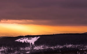 mountains, landscape, sky, clouds, dusk, sunset, panorama, winter, snow, forest, trees, woods, lodge, resort, nature, outdoors, wilderness