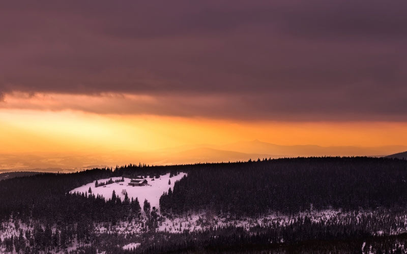 mountains, landscape, sky, clouds, dusk, sunset, panorama, winter, snow, forest, trees, woods, lodge, resort, nature, outdoors, wilderness