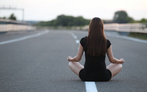 asphalt, blur, girl, highway, meditating, pavement, person, relax, road, sitting, woman, back, people, man