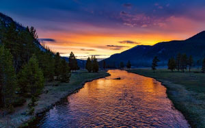 yellowstone national park, sunset, twilight, dusk, evening, landscape, scenic, idyllic, meadow, nature, outdoors, countryside, wilderness, reflections, madison river, sky, forest, trees, woods