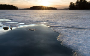 nature, winter, sunset, snow, ice, lake, forest, woods, sky, clouds, evening