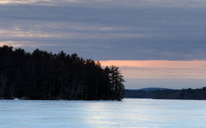 nature, landscape, winter, ice, lake, trees, sky, sunset, snow, woods, clouds, evening
