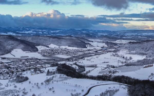 winter, wintry, snow, urban sprawl, snowy, landscape, mountains, dark, evening, nature