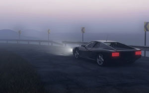 asphalt, beach, car, curve, dark, dawn, drive, fast, fog, foggy, highway, light, night, race, road, seashore, vehicle, water