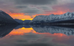 landscape, sunset, apgar mountains, glacier national park, montana, twilight, evening, clouds, light, snow, peaks, scenic, dusk, reflection, water, wilderness
