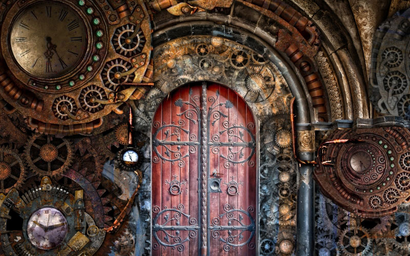 steampunk, gears, door, time, machine, mechanical, mechanism, cogwheel, machinery, clock, vintage, wheel