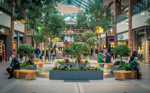 architecture, building, business center, city, crowd, fountain, green, mall, market, modern, pavement, people, seat, shop, stores, urban, waiting area