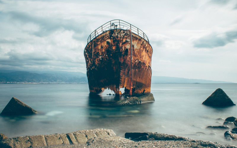 rusty, ship, sea, transport, boat, ocean, old, rocks, water, beach, coast