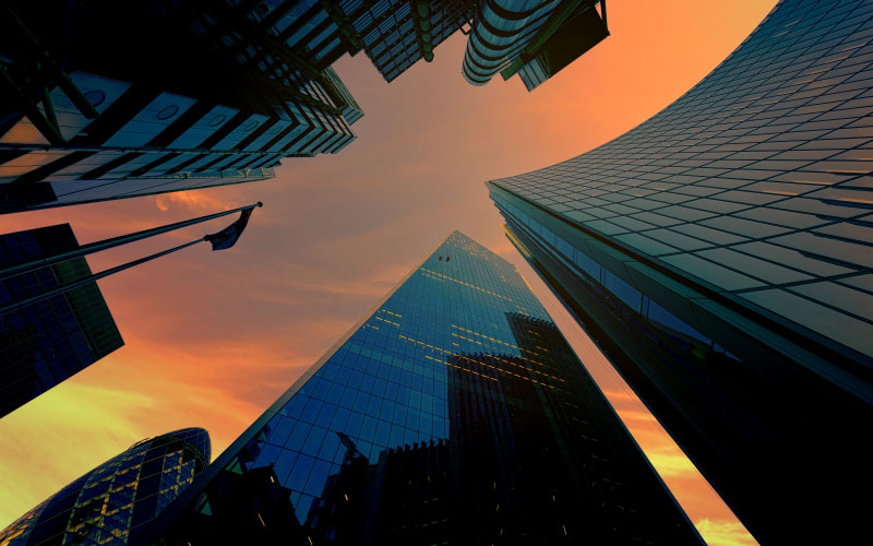 city, london, skyscraper, sky, sun, high, wide angle, blue, sunset, clouds, great, perspective, architecture, building, glass, modern, facade
