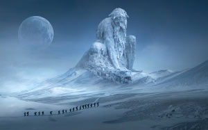 fantasy, wanderer, sculpture, monument, ice, cold, winter, snow landscape, fairy tales, surreal, mysterious, photomontage, fantastic, magical, dramatic, deity