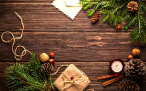 xmas, christmas, new year, eve, postcard, gift, holiday, wooden, background, cones, mockup, letter, nuts, needles