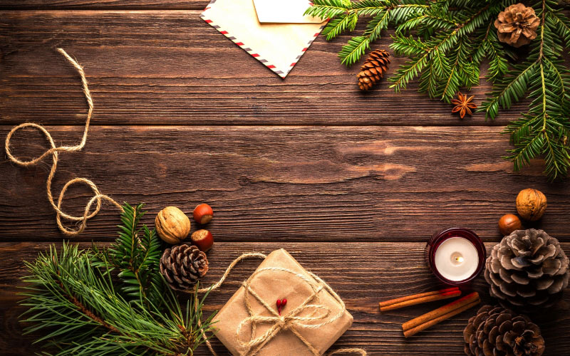 xmas, christmas, new year, eve, postcard, gift, holiday, wooden, background, cones, mockup, letter, nuts, needles