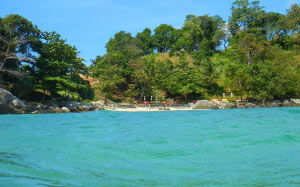 paradise beach, landscape, nature, sea, water, coast, green, blue, sun, resort