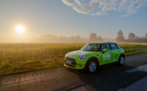 bmw mini, country lane, car, automobile, vehicle, sun, morning, field