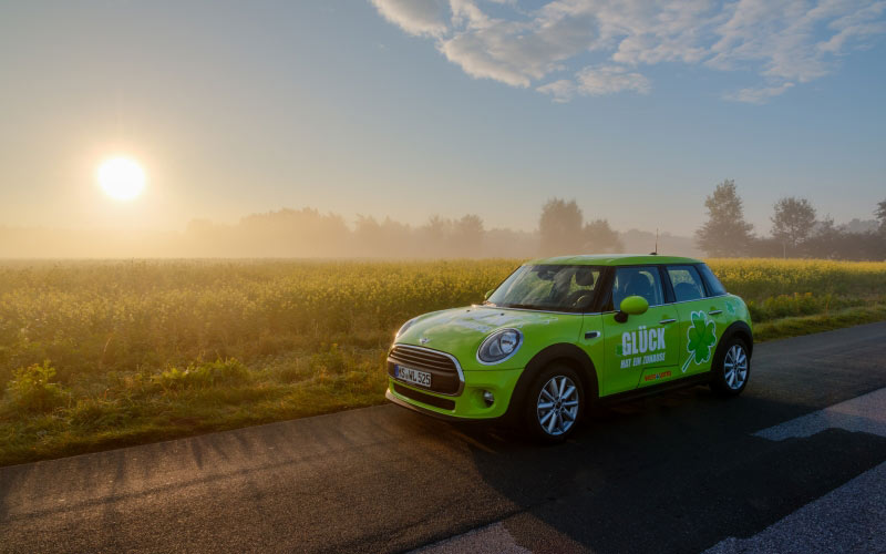 bmw mini, country lane, car, automobile, vehicle, sun, morning, field